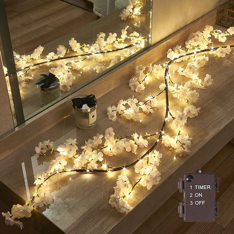 LITBLOOM Cherry Blossom Garland with Lights Battery Operated with Timer 96 Fairy Lights Lighted Flower Garland 6FT for Mantle Firepalce Wedding Party Decoration Indoor Outdoor