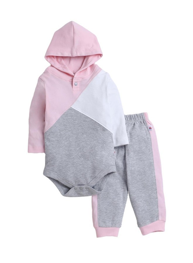 BUMZEE Grey Melange Girls Full Sleeves Cotton Hooded Bodysuit & Jogger Set Age - 0-3 Months (Peb9844B-gry) - Image 1