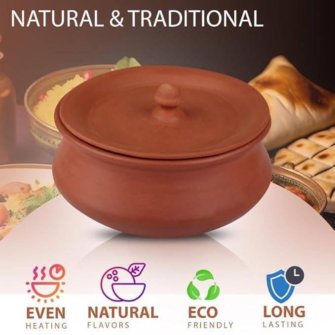 Clay Craft Polished Hand Craft Clay Pot with Lid for Cooking | Clay Dahi Handi for Kitchen | Traditional Earthen Handi Round (550 Ml)  - Image 2