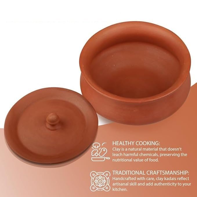 Clay Craft Polished Hand Craft Clay Pot with Lid for Cooking | Clay Dahi Handi for Kitchen | Traditional Earthen Handi Round (550 Ml)  - Image 3