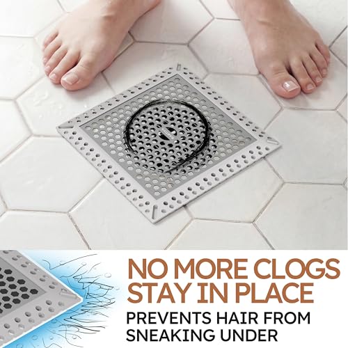 BAOTIYA Not Moving Shower Drain Hair Catcher,Effective Hair Catcher Shower Drain,Square Flat Shower Drain Cover Protector Filter,Efficient Drainage,Hair Trap Stopper (Gray, 4 inch) - Image 2