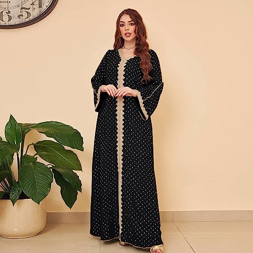 FPOVFPO Womens Muslim Abaya Dress One-Piece V Neck Bronzing Dress Islamic Full Length Kaftan Daily Casual Dress Black - Image 2