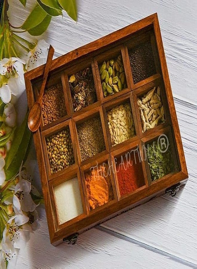 THEHEARTWILL® Elegant Wooden Spice Box with 12 Compartments & 2 Spoons (Sheesham Wood) - Premium Spice Storage Box for Kitchen, Masala Daani, Multi-Use Spice Organizer, Classic Brown - Image 1