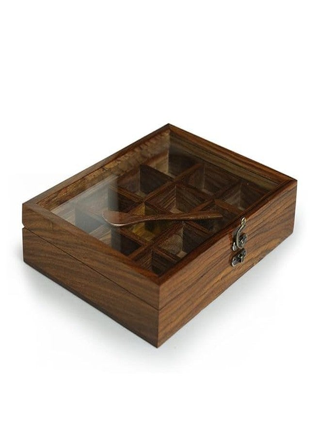 THEHEARTWILL® Elegant Wooden Spice Box with 12 Compartments & 2 Spoons (Sheesham Wood) - Premium Spice Storage Box for Kitchen, Masala Daani, Multi-Use Spice Organizer, Classic Brown - Image 3