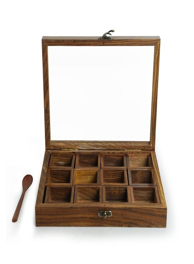 THEHEARTWILL® Elegant Wooden Spice Box with 12 Compartments & 2 Spoons (Sheesham Wood) - Premium Spice Storage Box for Kitchen, Masala Daani, Multi-Use Spice Organizer, Classic Brown - Image 4
