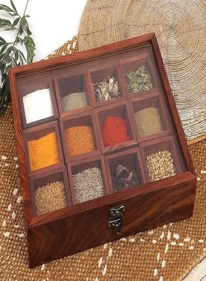 THEHEARTWILL® Elegant Wooden Spice Box with 12 Compartments & 2 Spoons (Sheesham Wood) - Premium Spice Storage Box for Kitchen, Masala Daani, Multi-Use Spice Organizer, Classic Brown - Image 2