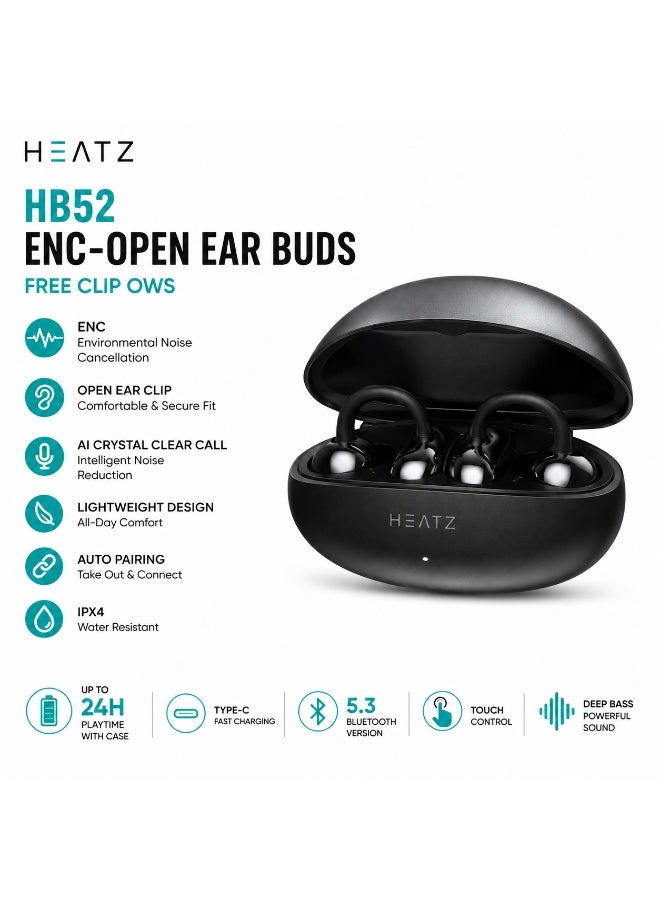 HEATZ HB52 FreeClip Open Ear Wireless Earbuds, OWS Bluetooth 5.4, ENC Crystal Clear Call, C-Bridge Ear Hook Design, IP54 Water Resistant, 70H Playtime, Black - Image 1