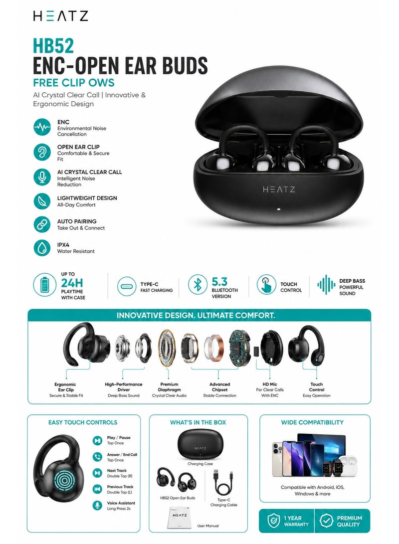 HEATZ HB52 FreeClip Open Ear Wireless Earbuds, OWS Bluetooth 5.4, ENC Crystal Clear Call, C-Bridge Ear Hook Design, IP54 Water Resistant, 70H Playtime, Black - Image 3