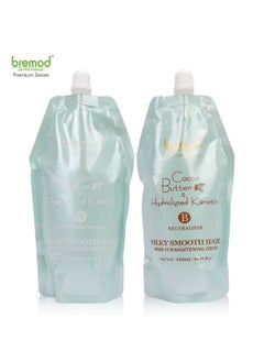 BREMOD Premium Series Cocoa Butter & Hydrolyzed Keratin Hair Straightening Cream Smoothest Frizzy Hair and Makes Hair Silky and Straight 2X500ML(A+B)  - Image 1