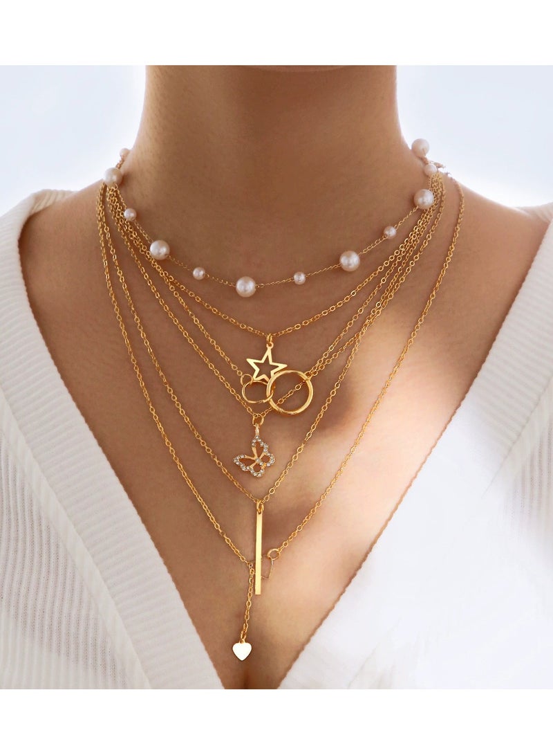 Goolsky 5Pcs Trendy Pendant Necklace Set – Star, Heart, Butterfly, Pearl Layered Chains for Women, Versatile Layering - Image 1