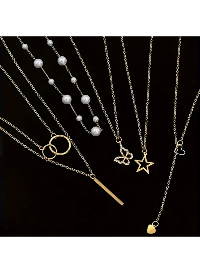 Goolsky 5Pcs Trendy Pendant Necklace Set – Star, Heart, Butterfly, Pearl Layered Chains for Women, Versatile Layering - Image 5
