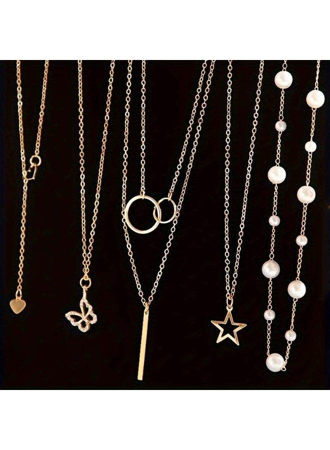 Goolsky 5Pcs Trendy Pendant Necklace Set – Star, Heart, Butterfly, Pearl Layered Chains for Women, Versatile Layering - Image 2