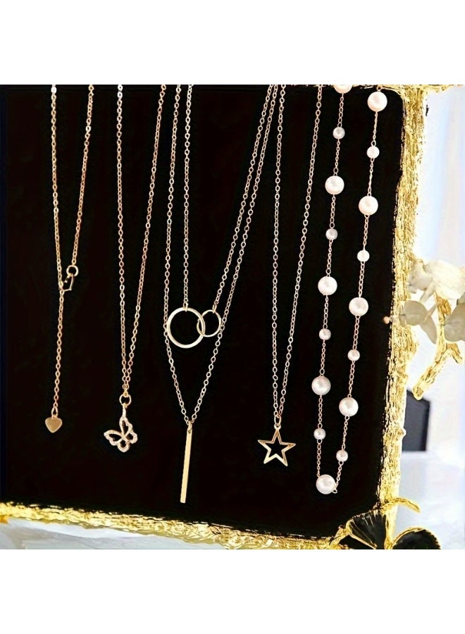 Goolsky 5Pcs Trendy Pendant Necklace Set – Star, Heart, Butterfly, Pearl Layered Chains for Women, Versatile Layering - Image 4