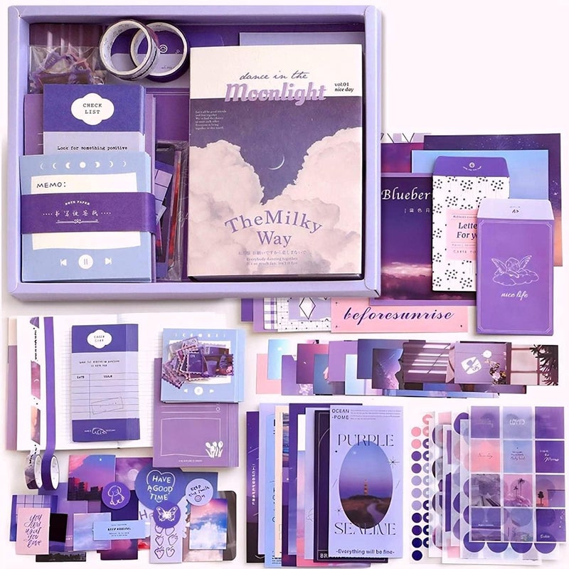 MJKD 348pcs Scrapbook Kit Bullet Junk Journal Kit with Journaling Scrapbooking Supplies Stationery A6 Grid Notebook with Graph Ruled Pages DIY Scrapbook Gift for Girl Kid Women Moonlight