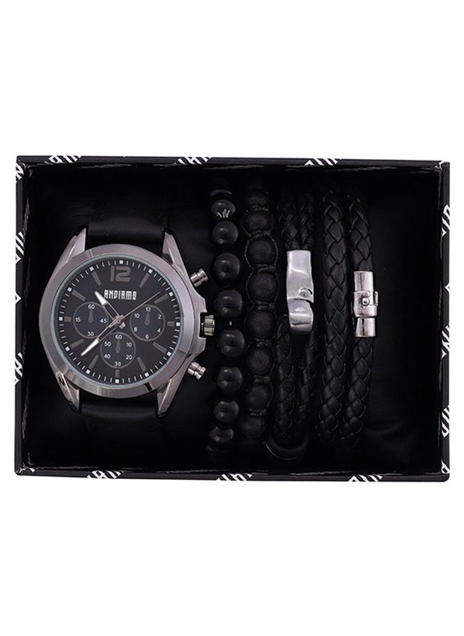 ANDIAMO Men's Analog Grey Case Black Leather Strap Set Watch 