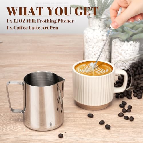 Amrules Milk Frothing Pitcher, 12oz Milk Frother Cup with Clear Scale, 304 Stainless Steel Cappuccino Espresso Machine Accessories for Barista Coffee Bar with Latte Art Pen, Silver - Image 3