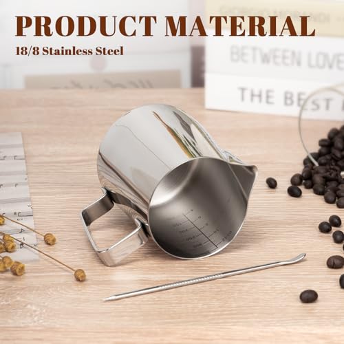 Amrules Milk Frothing Pitcher, 12oz Milk Frother Cup with Clear Scale, 304 Stainless Steel Cappuccino Espresso Machine Accessories for Barista Coffee Bar with Latte Art Pen, Silver - Image 5