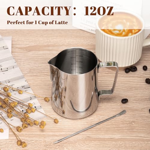 Amrules Milk Frothing Pitcher, 12oz Milk Frother Cup with Clear Scale, 304 Stainless Steel Cappuccino Espresso Machine Accessories for Barista Coffee Bar with Latte Art Pen, Silver - Image 4