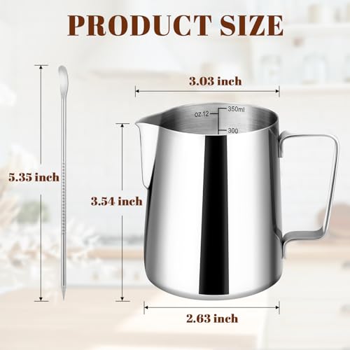 Amrules Milk Frothing Pitcher, 12oz Milk Frother Cup with Clear Scale, 304 Stainless Steel Cappuccino Espresso Machine Accessories for Barista Coffee Bar with Latte Art Pen, Silver - Image 2
