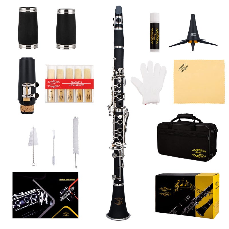 Glory GLY-PBK Professional Ebonite Bb Clarinet with 10 Reeds, Stand, Hard Case, Cleaning Cloth, Cork grease, Mouthpiece Brush and Pad Brush, Black - Image 1
