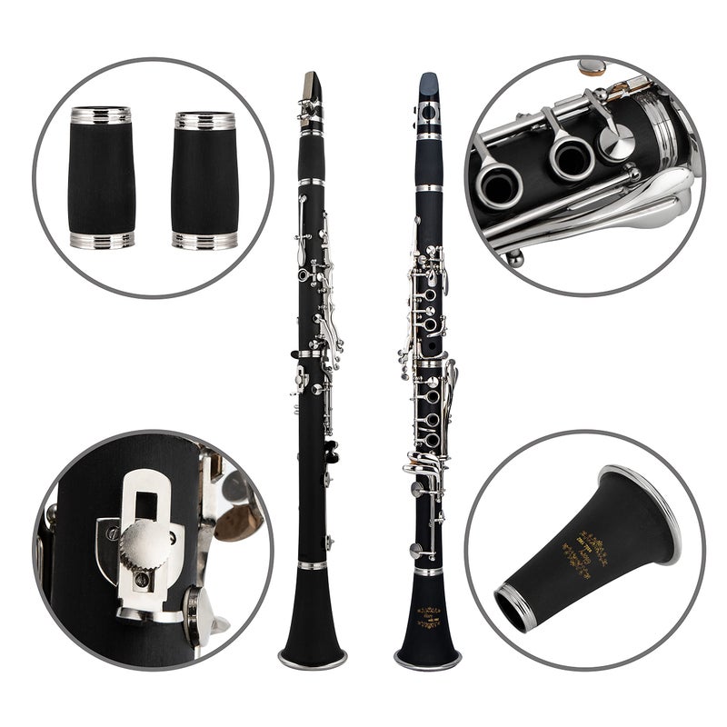 Glory GLY-PBK Professional Ebonite Bb Clarinet with 10 Reeds, Stand, Hard Case, Cleaning Cloth, Cork grease, Mouthpiece Brush and Pad Brush, Black - Image 4