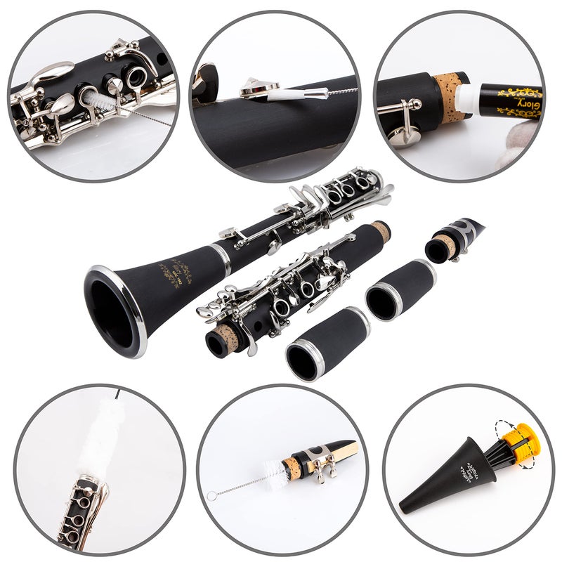 Glory GLY-PBK Professional Ebonite Bb Clarinet with 10 Reeds, Stand, Hard Case, Cleaning Cloth, Cork grease, Mouthpiece Brush and Pad Brush, Black - Image 3