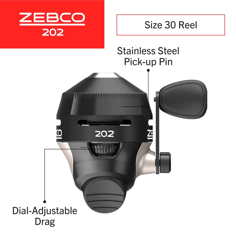 Zebco 202 Spincast Fishing Reel, Size 30 Reel, Right-Hand Retrieve, Durable All-Metal Gears, Stainless Steel Pick-up Pin, Pre-Spooled with 10-Pound Zebco Fishing Line, Black, Clam Packaging - Image 2
