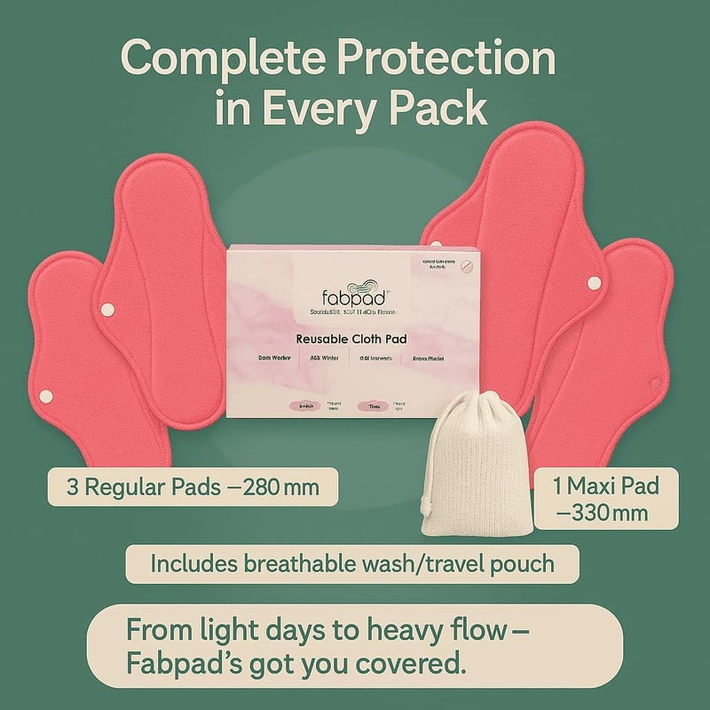 Fabpad Reusable Washable Sanitary Cloth Pads Napkins Eco-Friendly Menstrual Hygiene Solutions (Pack of 4) (Pink, 3 Day Pads + 1 Night Pad+1 Wash Bag) - Image 5