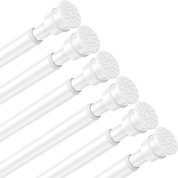 TENSION CURTAIN ROD 26 TO 48 INCH ADJUSTABLE TENSION RODS 6 PACK EXPANDABLE SPRING TENSION ROD WHITE NO DRILLING FOR CLOSET KITCHEN CUPBOARD WARDROBE DOOR BOOKSHELF DIY PROJECTS
