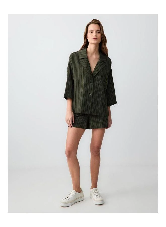 Jimmy Key Khaki High-Waist Regular Leg Patterned Linen-Blend Shorts.