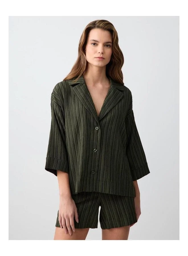 Jimmy Key Khaki High-Waist Regular Leg Patterned Linen-Blend Shorts.