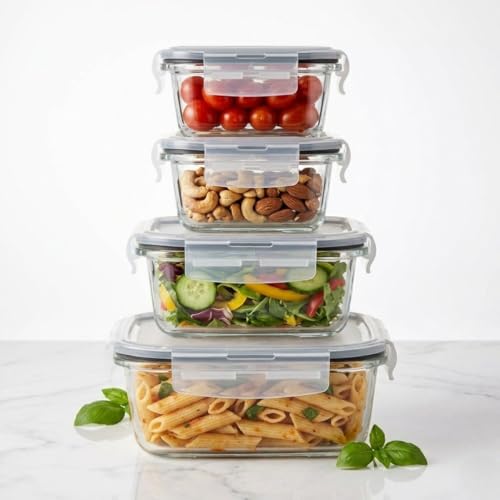 Femora Borosilicate Glass Food Storage Containers Set of 4 | 180ml, 300ml, 500ml, 800ml | Microwave, Oven & Freezer Safe | Airtight Leak-Proof Lids | BPA Free | 1 Year Warranty | Transparent - Image 1