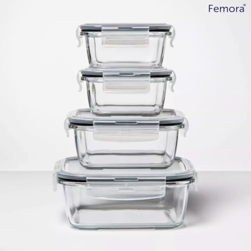 Femora Borosilicate Glass Food Storage Containers Set of 4 | 180ml, 300ml, 500ml, 800ml | Microwave, Oven & Freezer Safe | Airtight Leak-Proof Lids | BPA Free | 1 Year Warranty | Transparent - Image 2