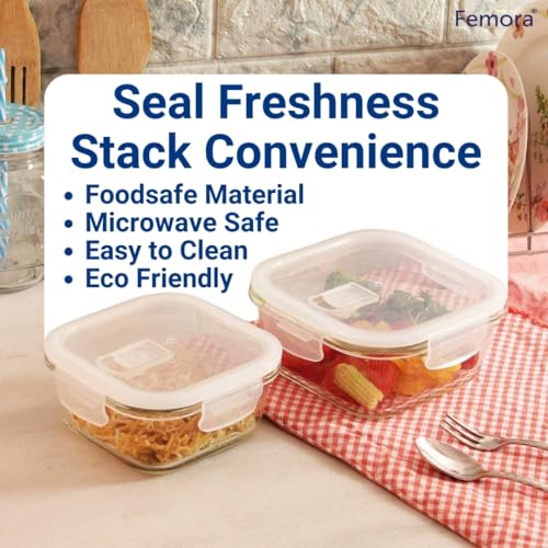 Femora Borosilicate Glass Food Storage Containers Set of 4 | 180ml, 300ml, 500ml, 800ml | Microwave, Oven & Freezer Safe | Airtight Leak-Proof Lids | BPA Free | 1 Year Warranty | Transparent - Image 5