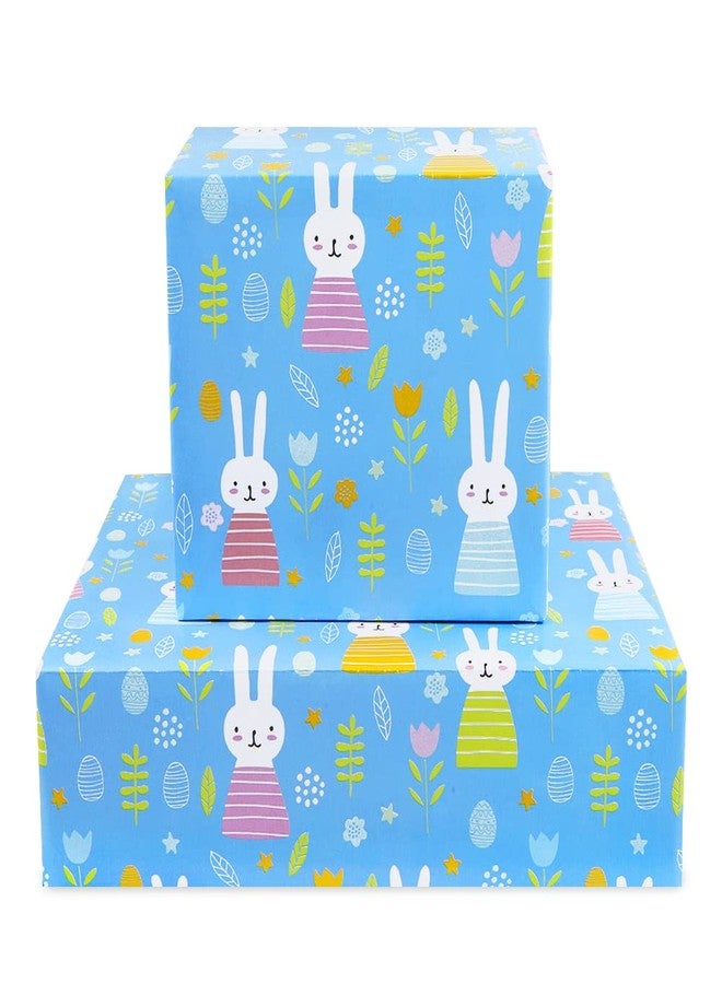 Boerni Bunny Rabbit Happy Birthday Wrapping Paper for Kids Baby Girls 4 Sheets, 28 x 20 Inch Per Sheet , Folded Flat Blue Gift Wrap for 1st Birthday Party Baby Shower Easter Christmas Kindergarten and More Occasion - Image 1