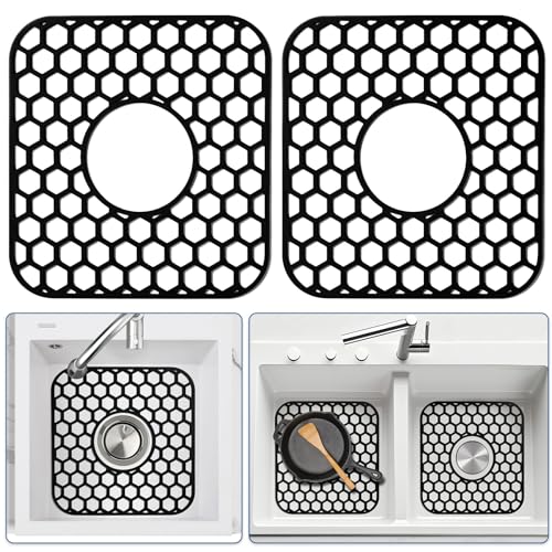 Bestjing 2 Pack Silicone Sink Protectors for Kitchen Sink - 12" x 11" Kitchen Grid Accessory, Non-Slip Heat-Resistant Mat for Bottom of Porcelain Stainless Steel, Dishwasher Safe (Black) - Image 1