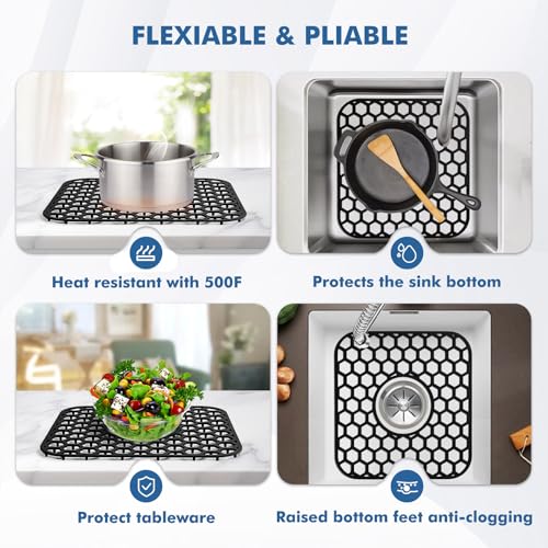 Bestjing 2 Pack Silicone Sink Protectors for Kitchen Sink - 12" x 11" Kitchen Grid Accessory, Non-Slip Heat-Resistant Mat for Bottom of Porcelain Stainless Steel, Dishwasher Safe (Black) - Image 4