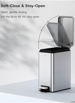 EKO STELLA SLIM SERIES | Small Bathroom Trash Can with Lid, Soft Close Pedal 6 Liters, Stainless Steel Trash Can with Removable Inner Bucket, Anti-Fingerprint Finish Silver  - Image 2
