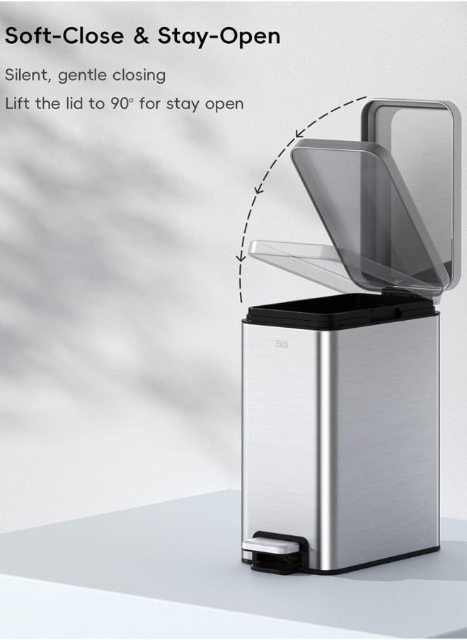 EKO STELLA SLIM SERIES | Small Bathroom Trash Can with Lid, Soft Close Pedal 6 Liters, Stainless Steel Trash Can with Removable Inner Bucket, Anti-Fingerprint Finish Silver  - Image 2