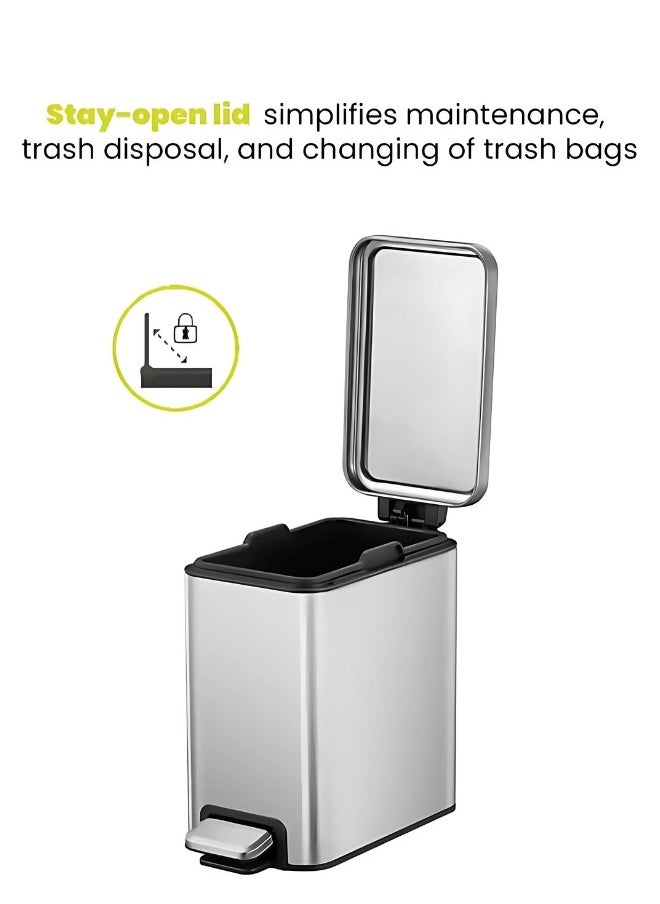STELLA SLIM SERIES | Small Bathroom Trash Can with Lid, Soft Close Pedal 6 Liters, Stainless Steel Trash Can with Removable Inner Bucket, Anti-Fingerprint Finish Silver