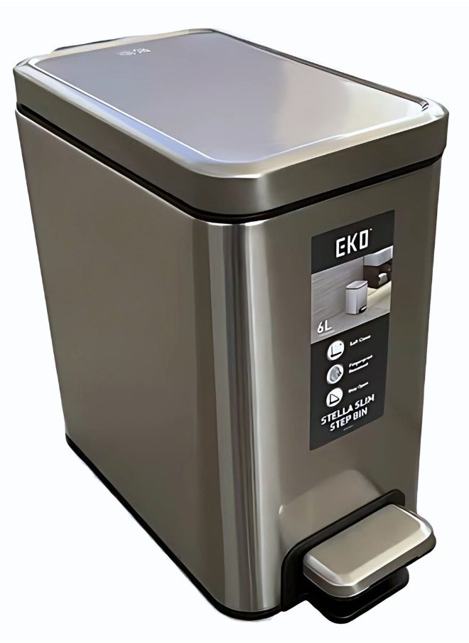 STELLA SLIM SERIES | Small Bathroom Trash Can with Lid, Soft Close Pedal 6 Liters, Stainless Steel Trash Can with Removable Inner Bucket, Anti-Fingerprint Finish Silver