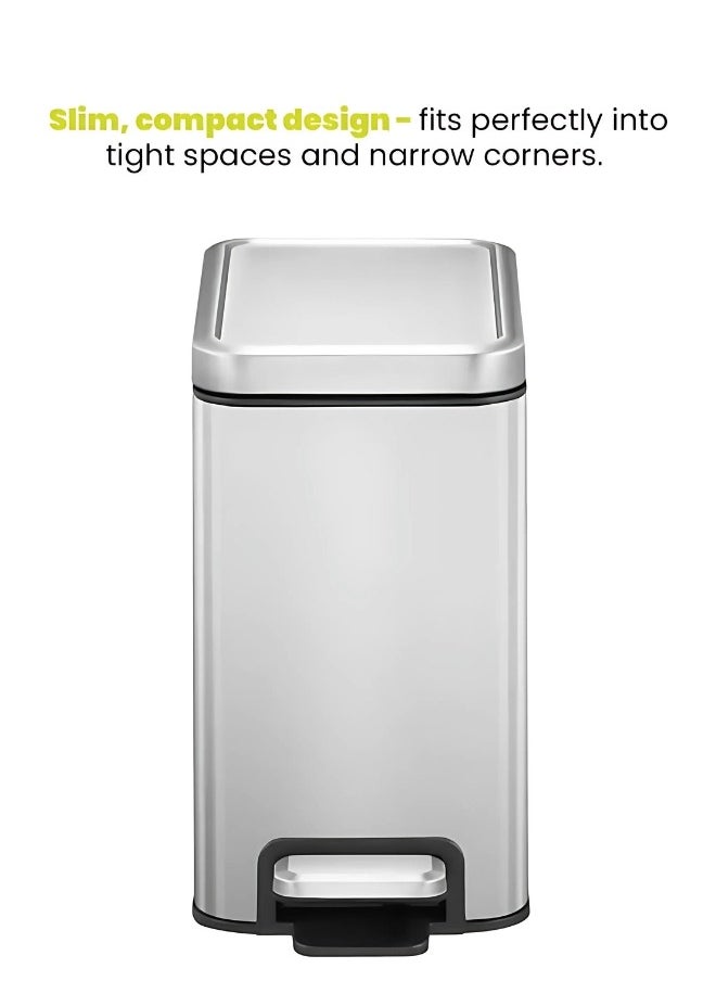 STELLA SLIM SERIES | Small Bathroom Trash Can with Lid, Soft Close Pedal 6 Liters, Stainless Steel Trash Can with Removable Inner Bucket, Anti-Fingerprint Finish Silver