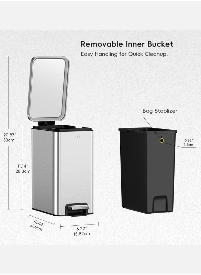 STELLA SLIM SERIES | Small Bathroom Trash Can with Lid, Soft Close Pedal 6 Liters, Stainless Steel Trash Can with Removable Inner Bucket, Anti-Fingerprint Finish Silver
