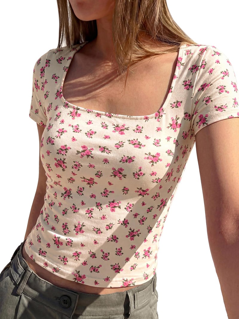 BTFBM Floral Square Neck Tops for Women 2026 Trendy Summer Outfits Short Sleeve Shirts Boho Top Beach Vacation Clothes(Beige Pink Flower, Small) - Image 1