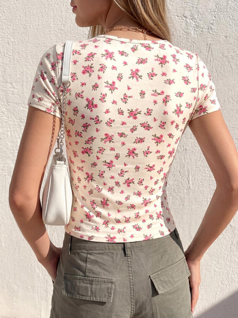 BTFBM Floral Square Neck Tops for Women 2026 Trendy Summer Outfits Short Sleeve Shirts Boho Top Beach Vacation Clothes(Beige Pink Flower, Small) - Image 3