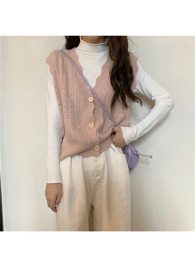 NIBEMINENT Gentle Solid Sweater Vests Women Candy Wave Single Breasted Classic Simple Knit V-neck Sweaters Cardigan Females Chic Sleeveless - Image 2