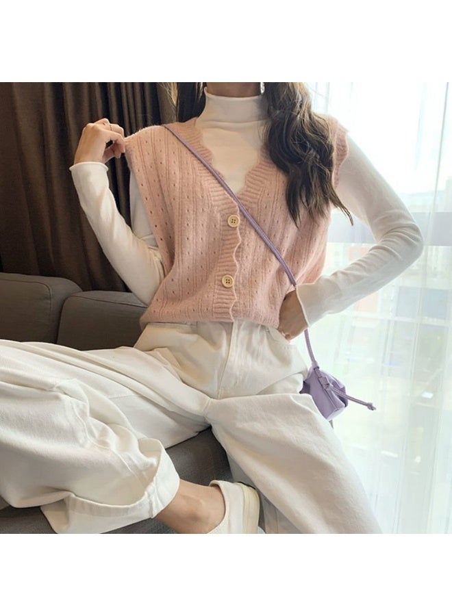 NIBEMINENT Gentle Solid Sweater Vests Women Candy Wave Single Breasted Classic Simple Knit V-neck Sweaters Cardigan Females Chic Sleeveless - Image 1