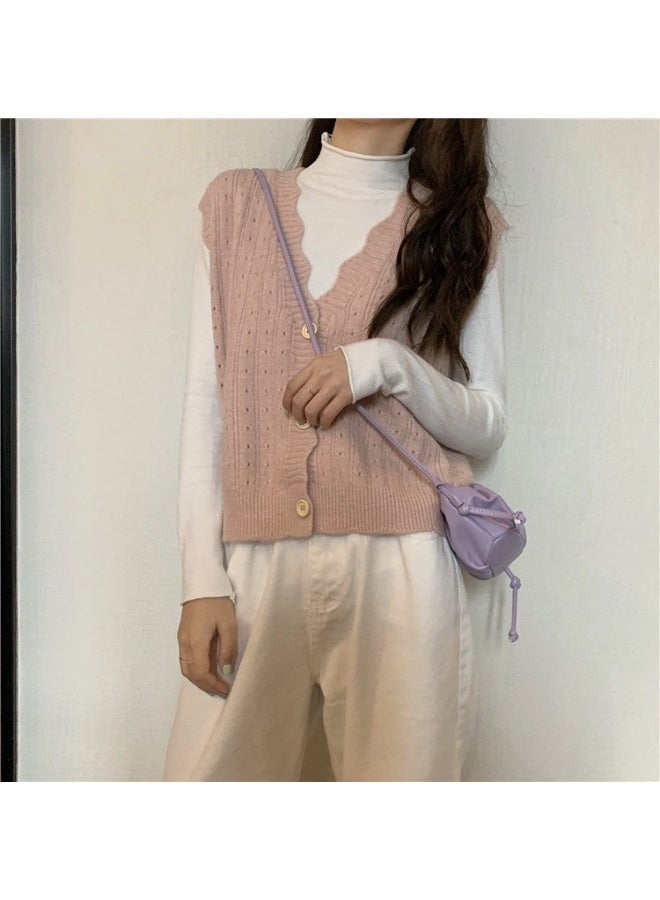 NIBEMINENT Gentle Solid Sweater Vests Women Candy Wave Single Breasted Classic Simple Knit V-neck Sweaters Cardigan Females Chic Sleeveless - Image 3