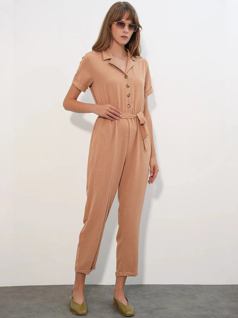 BIG DART BDART Solid Woven Shirt-collar Jumpsuit With Bow Detail