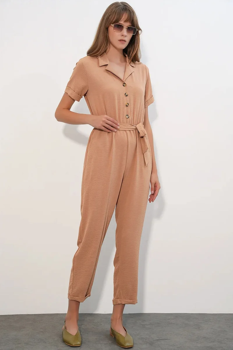بيغ دارت BDART Solid Woven Shirt-collar Jumpsuit With Bow Detail